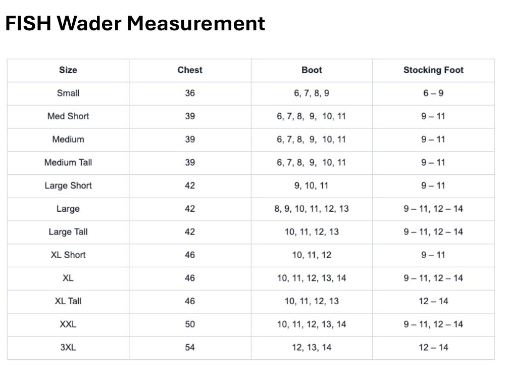 Wader Size Chart