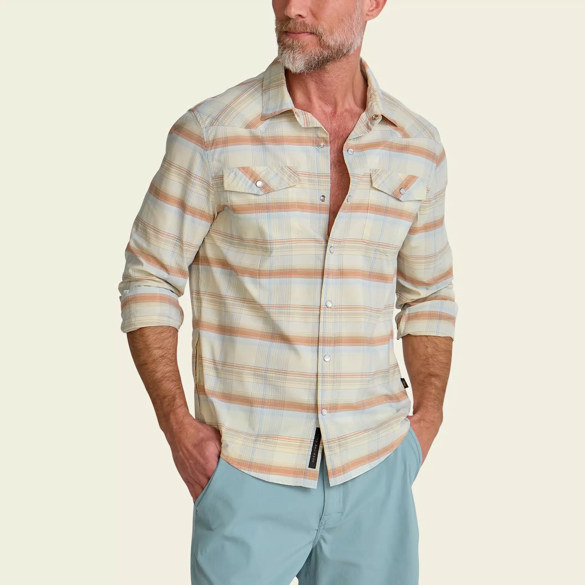 S26 LS Shirts H Bar B Tech Longsleeve Cameron Plaid Cream Model Front Tan