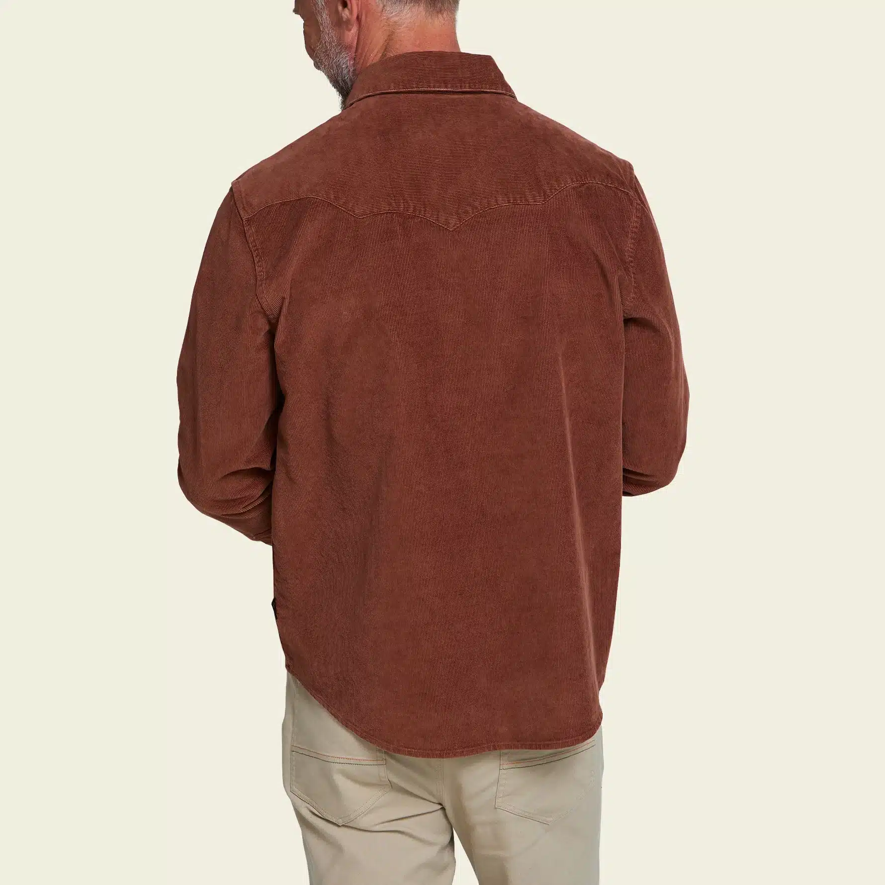 F26 LS Shirts Banning Corduroy Snapshirt Mink Brown Model Back Cream