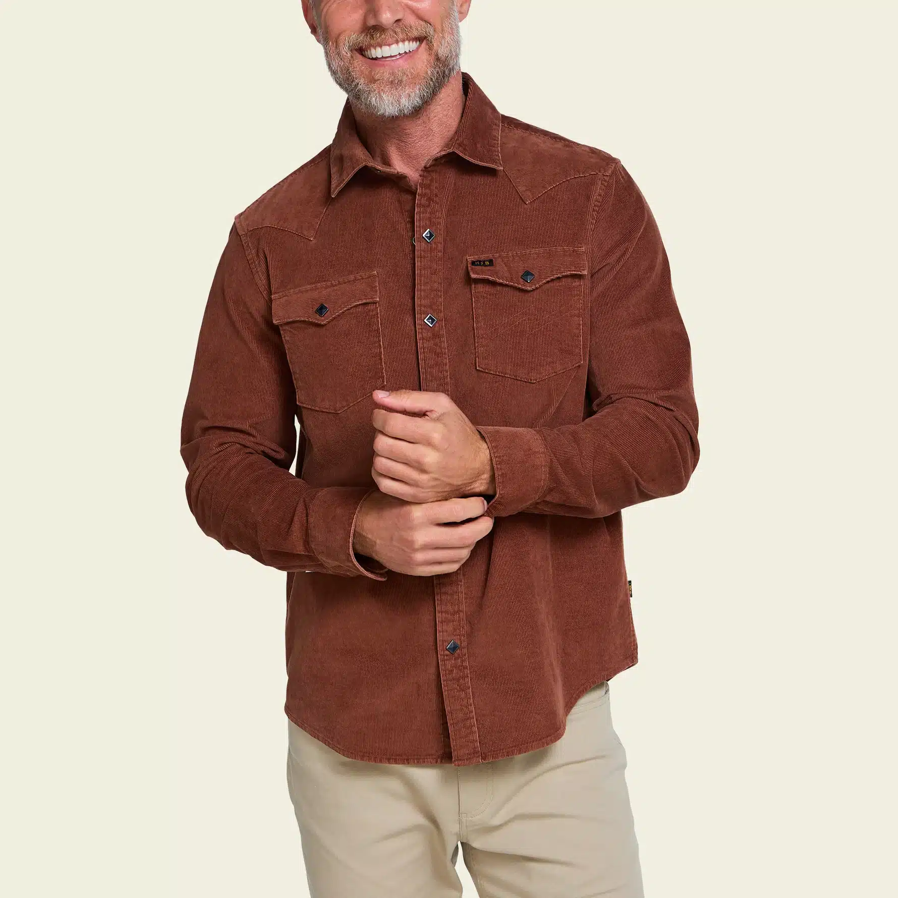 F26 LS Shirts Banning Corduroy Snapshirt Mink Brown Model Front Cream