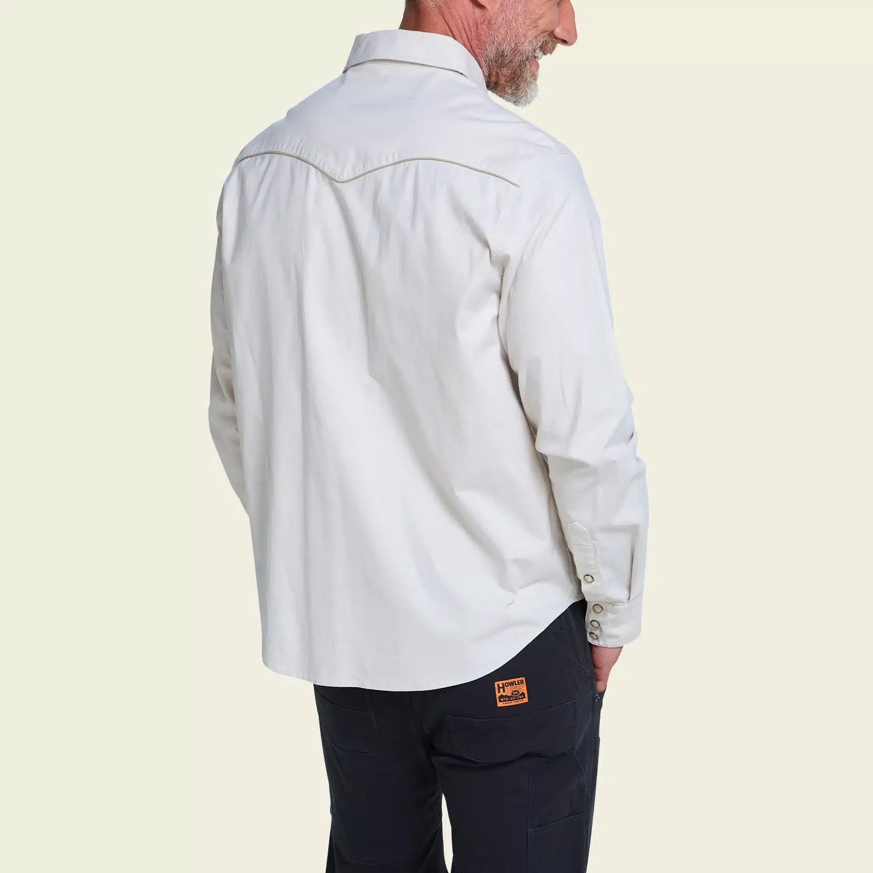 F26 LS Shirts Broncbuster Longsleeve Snapshirt Prairie Dust Model Back Cream